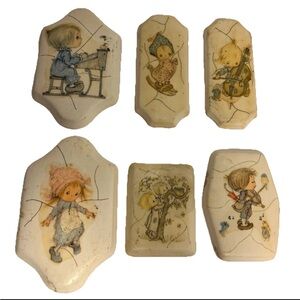 6 vintage Betsey Clark Hallmark ceramic Wall Art plaque LOT  1970s Logan boho